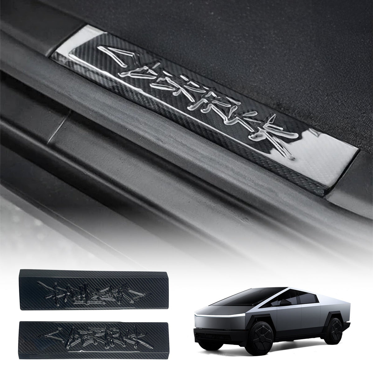 Real carbon fiber front door sill protector installed in a Tesla Cybertruck