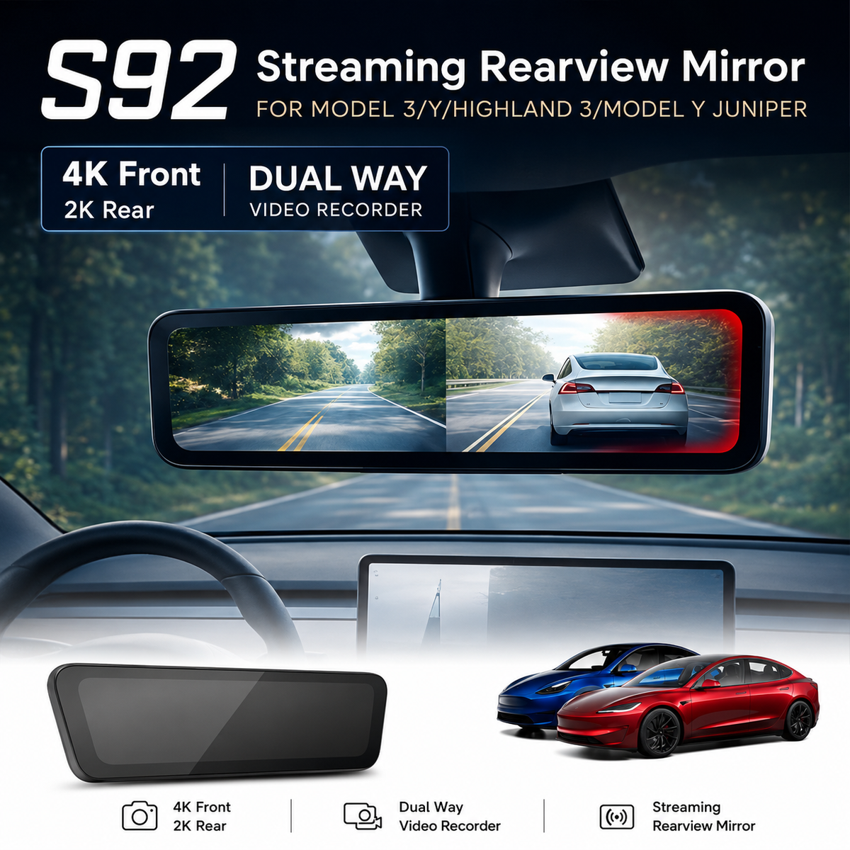 S92 Pro streaming rearview mirror with front and rear cameras for Tesla Model 3 and Model Y