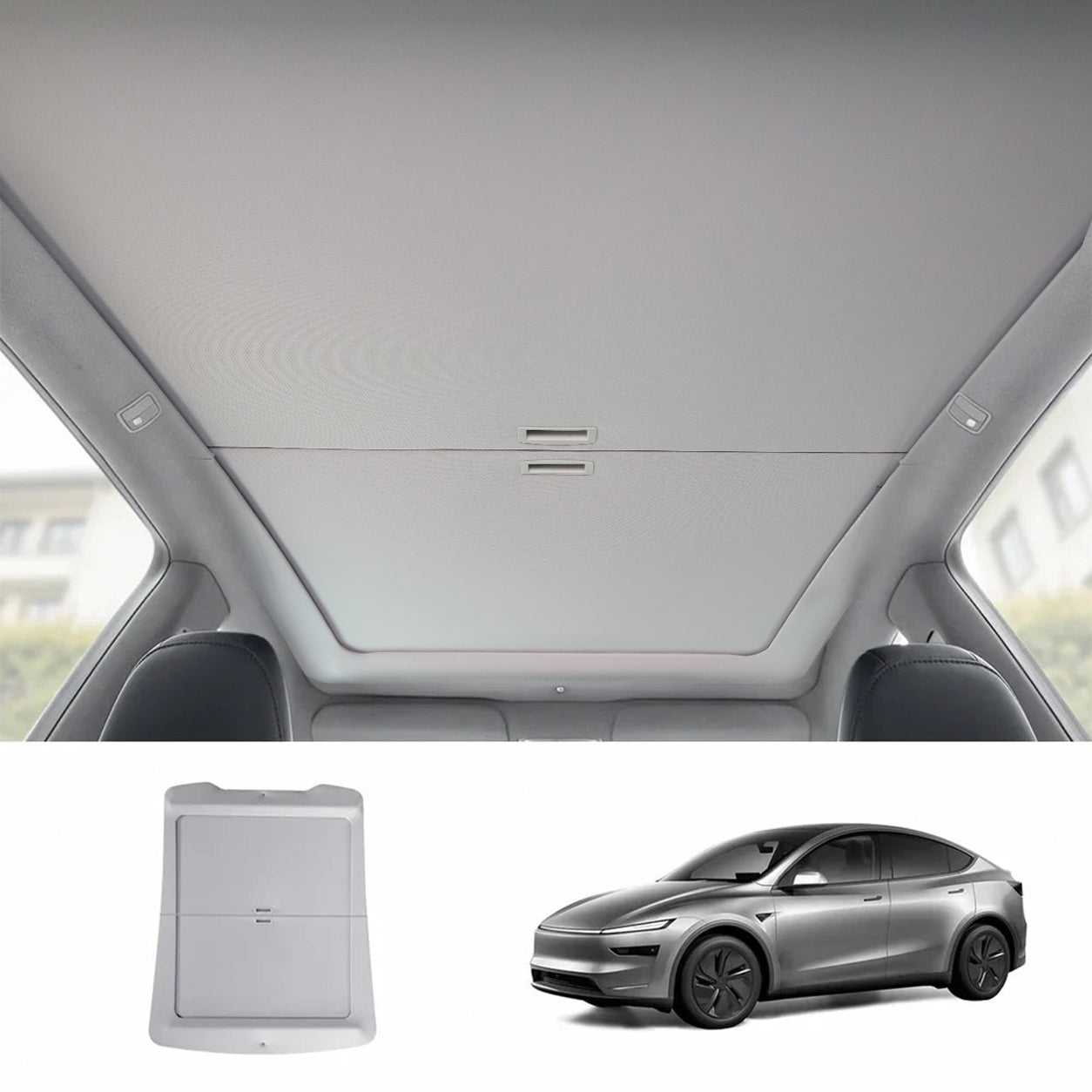 Manual retractable roof sunshade installed in a Tesla Model Y