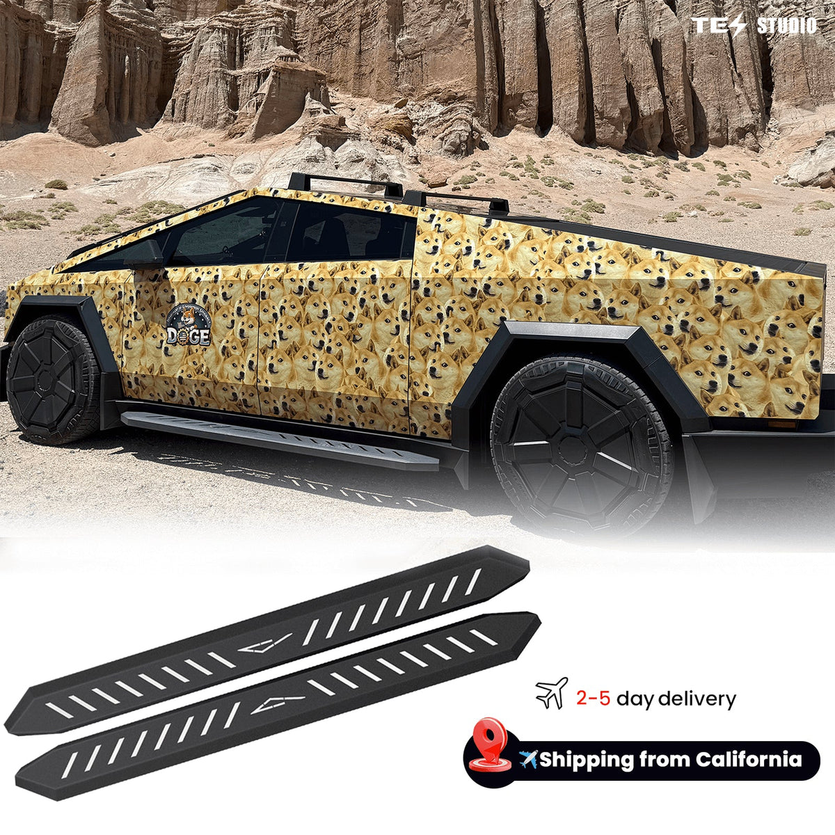 Cybertruck running boards side steps for wet entry family passengers and side protection
