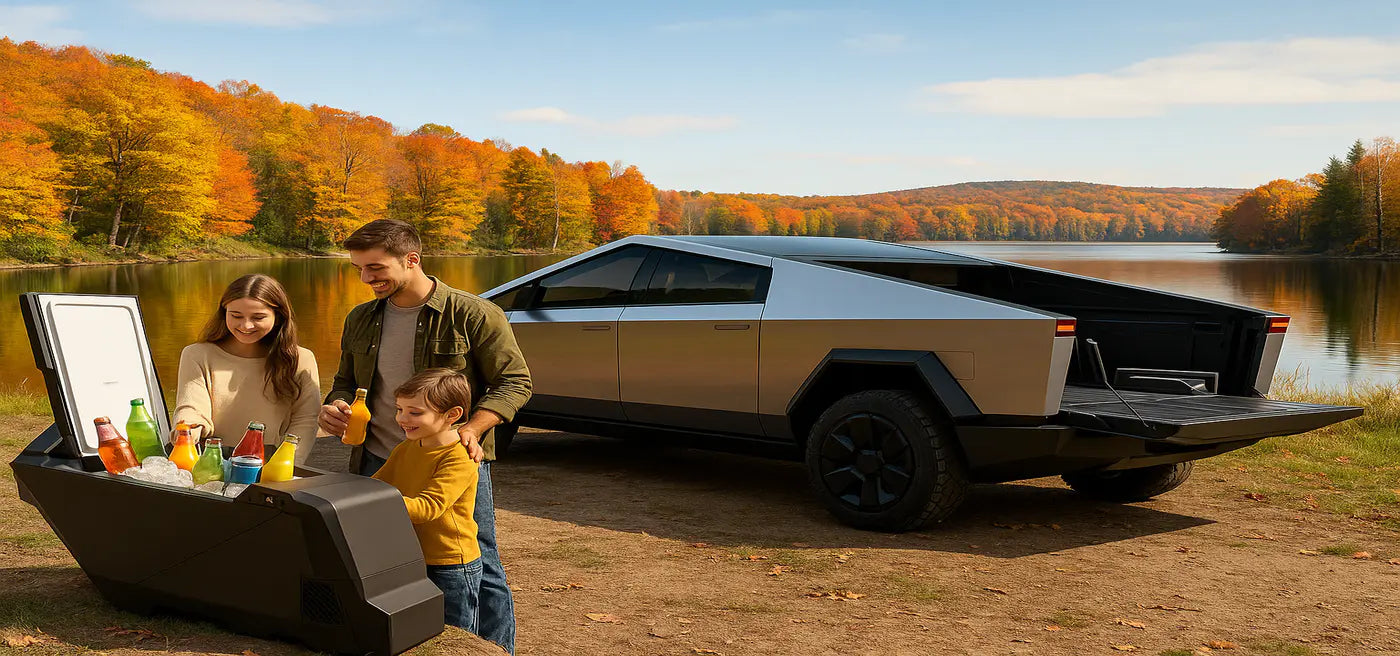 Tesla Cybertruck with Tesstudio 18L Car Refrigerator open beside it during an autumn road trip.