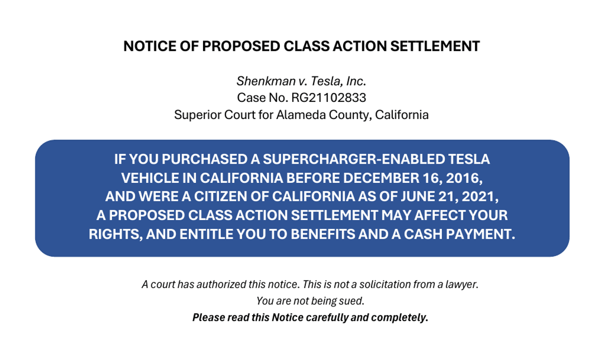 Court-authorized Shenkman v. Tesla proposed class action settlement notice for eligible California Tesla owners