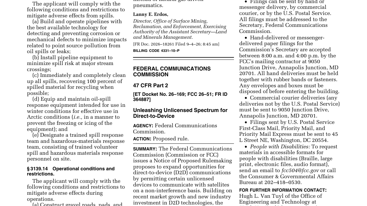 Federal Register publication of the FCC unlicensed satellite direct-to-device proposed rule