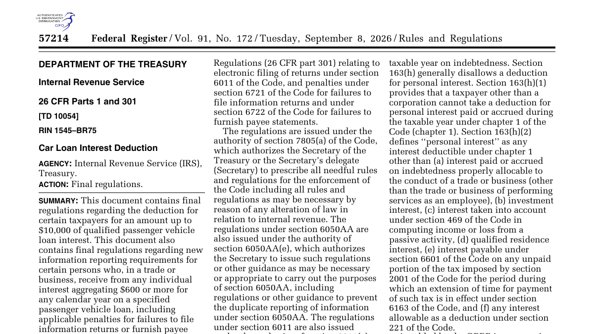 Federal Register page showing the September 8, 2026 IRS final regulations for the car loan interest deduction