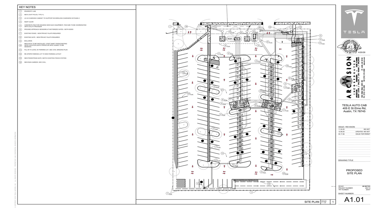 Signed Tesla Auto Cab proposed site plan for 405 East St. Elmo Road in Austin