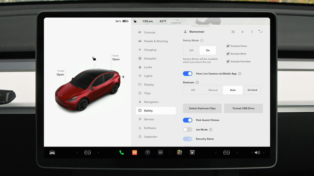 Tesla touchscreen showing Dashcam controls and recording status