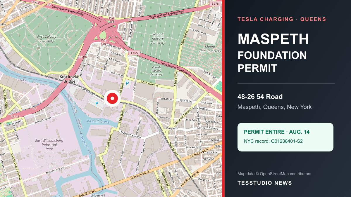Map locating Tesla EV charging station permit site at 48-26 54 Road in Maspeth, Queens