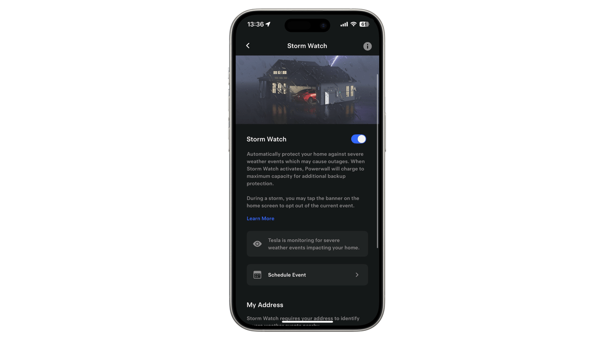 Tesla app Storm Watch screen for Powerwall in an official Tesla support image