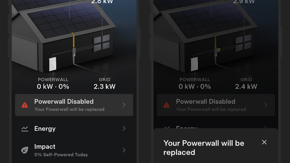 Tesla app replacement-program message for an affected Powerwall 2