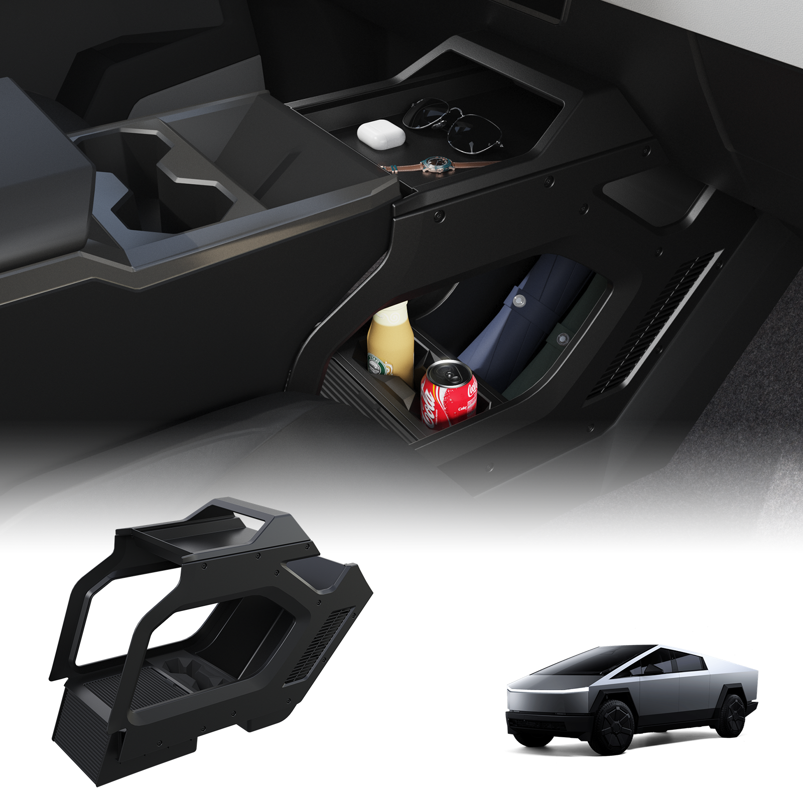 Tesla Cybertruck interior upgrade with center console storage organization and carbon fiber trim by Tesstudio