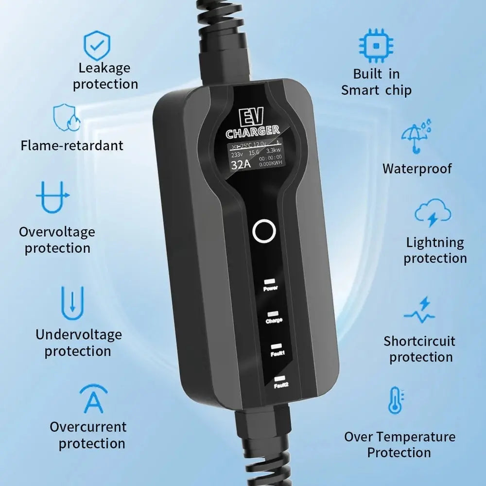Portable Charger 16A/32A Adjustable Mode 2 Level 2 Household Waterproof EV Charger For Tesla Model S/X/3/Y