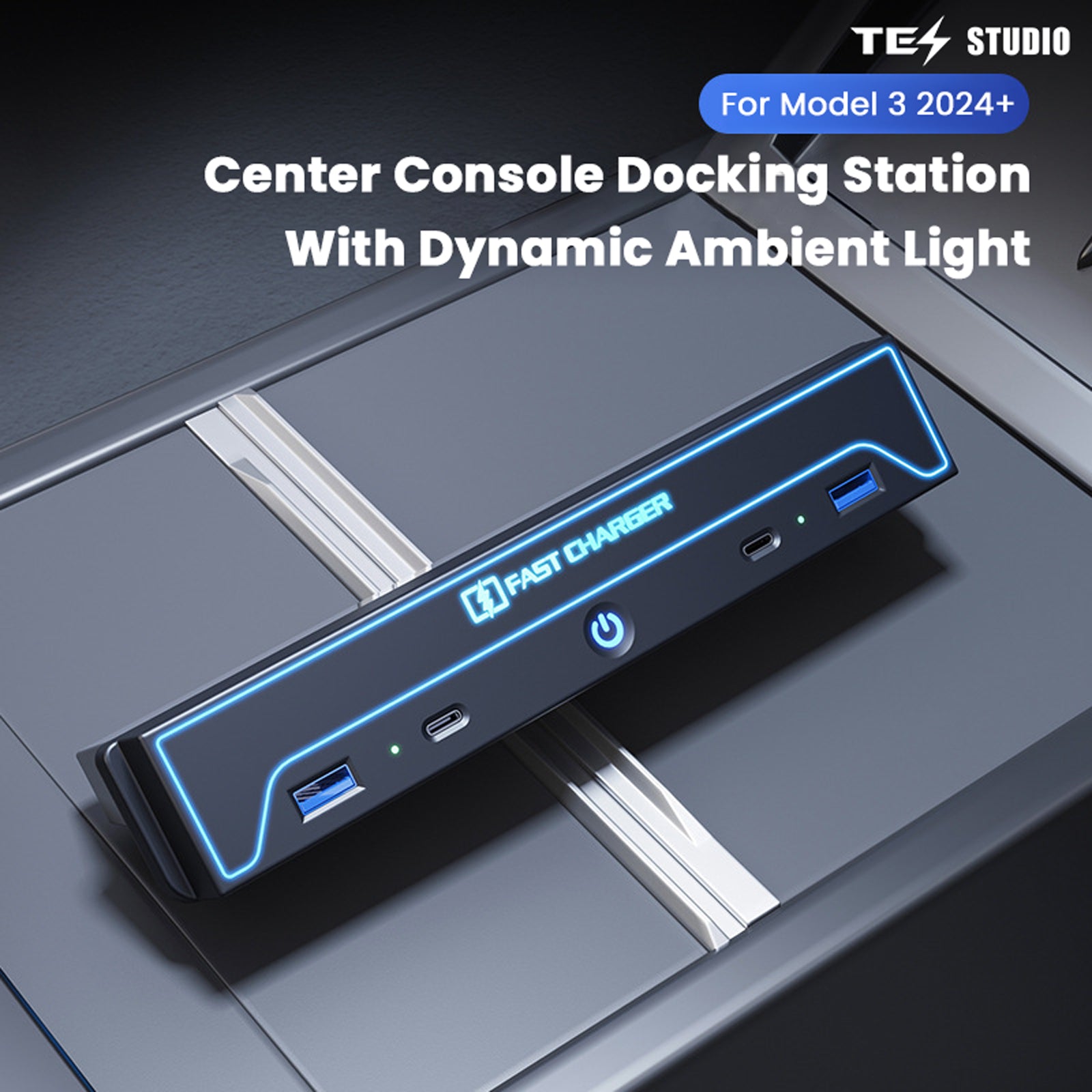Center Console USB Hub Docking Station Fast Charger With Dynamic Ambient Light For Tesla Model 3 Highland