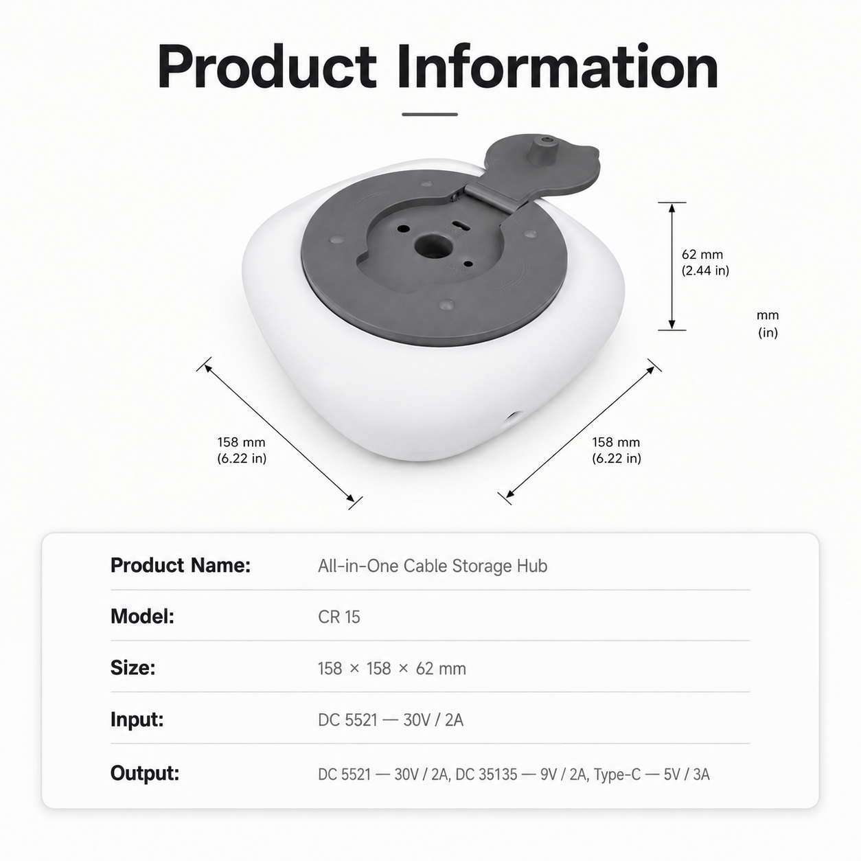 All-in-one cable storage hub CR15 with 158 mm body, DC 5521 input and Type-C output information