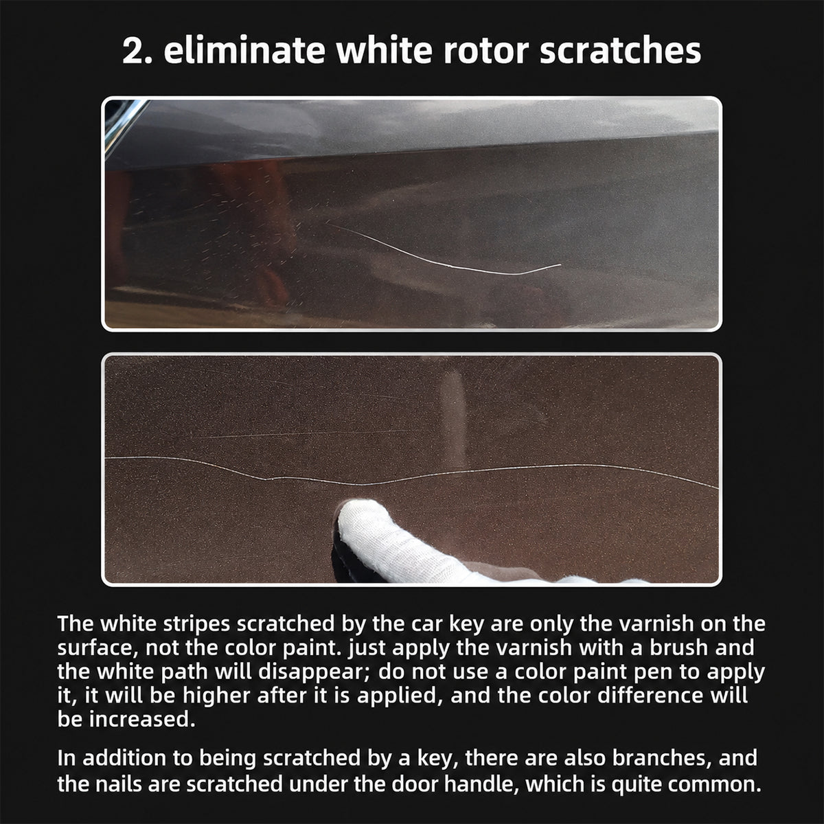 Before and after comparison of white rotor scratches on a car surface with text instructions.