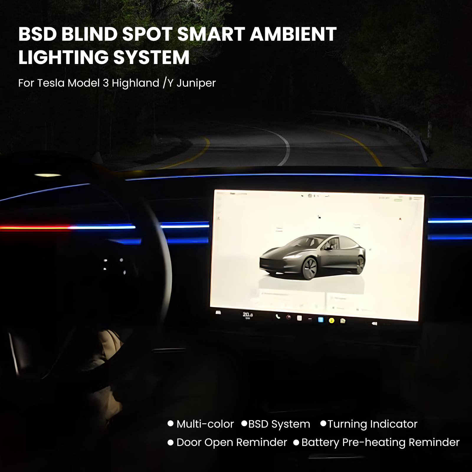 BSD 2.0 Blind Spot Warning System For Tesla Model 3 Highland / Y Juniper Ambient Lighting