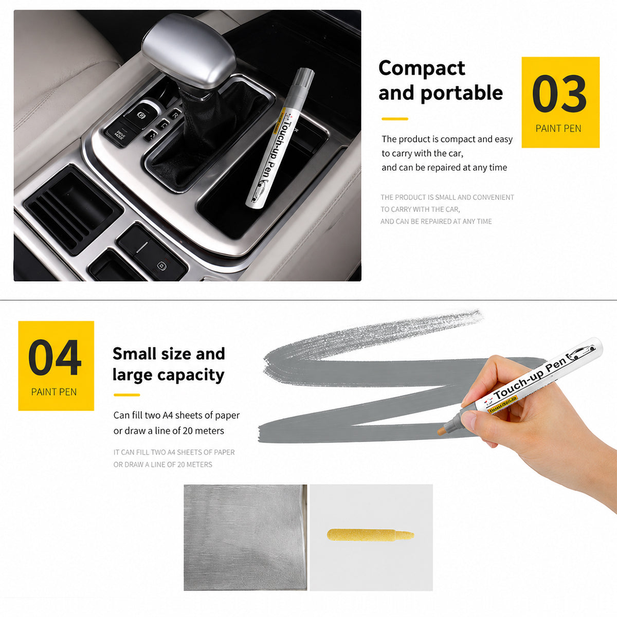 Car interior with a paint pen and text highlighting its compactness and portability.