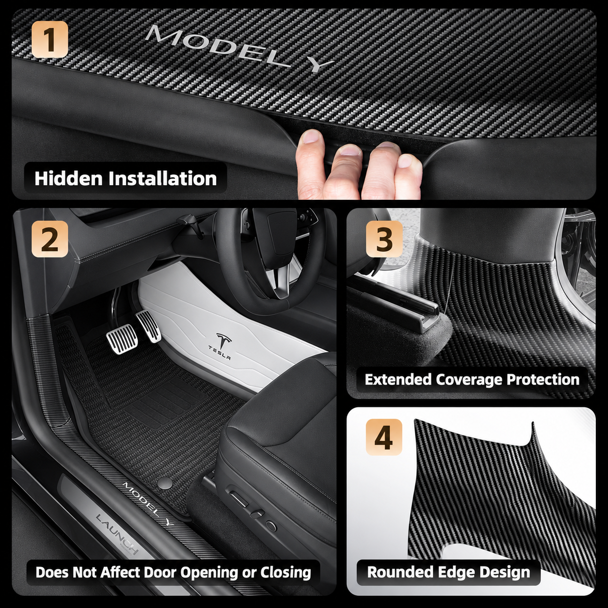 8-Piece Carbon Fiber Pattern ABS Door Sill Protector Set for Tesla Model Y Juniper / Model Y L, Laser-Engraved with C-Pillar Covers