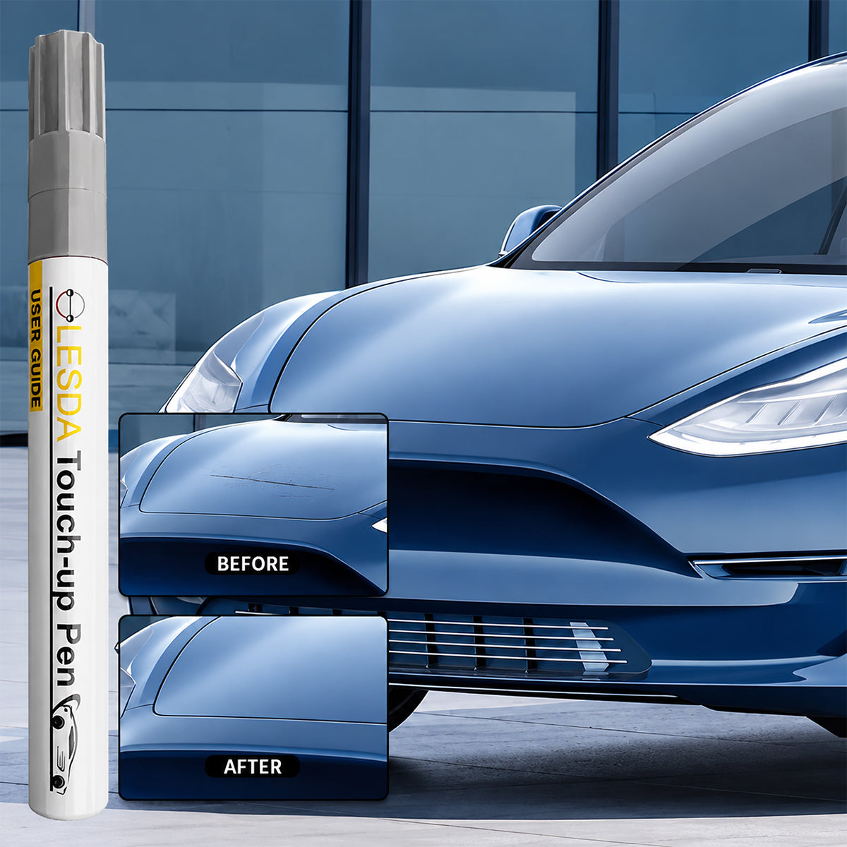 Lesda touch-up pen with a blue car showing 'Before' and 'After' comparison.
