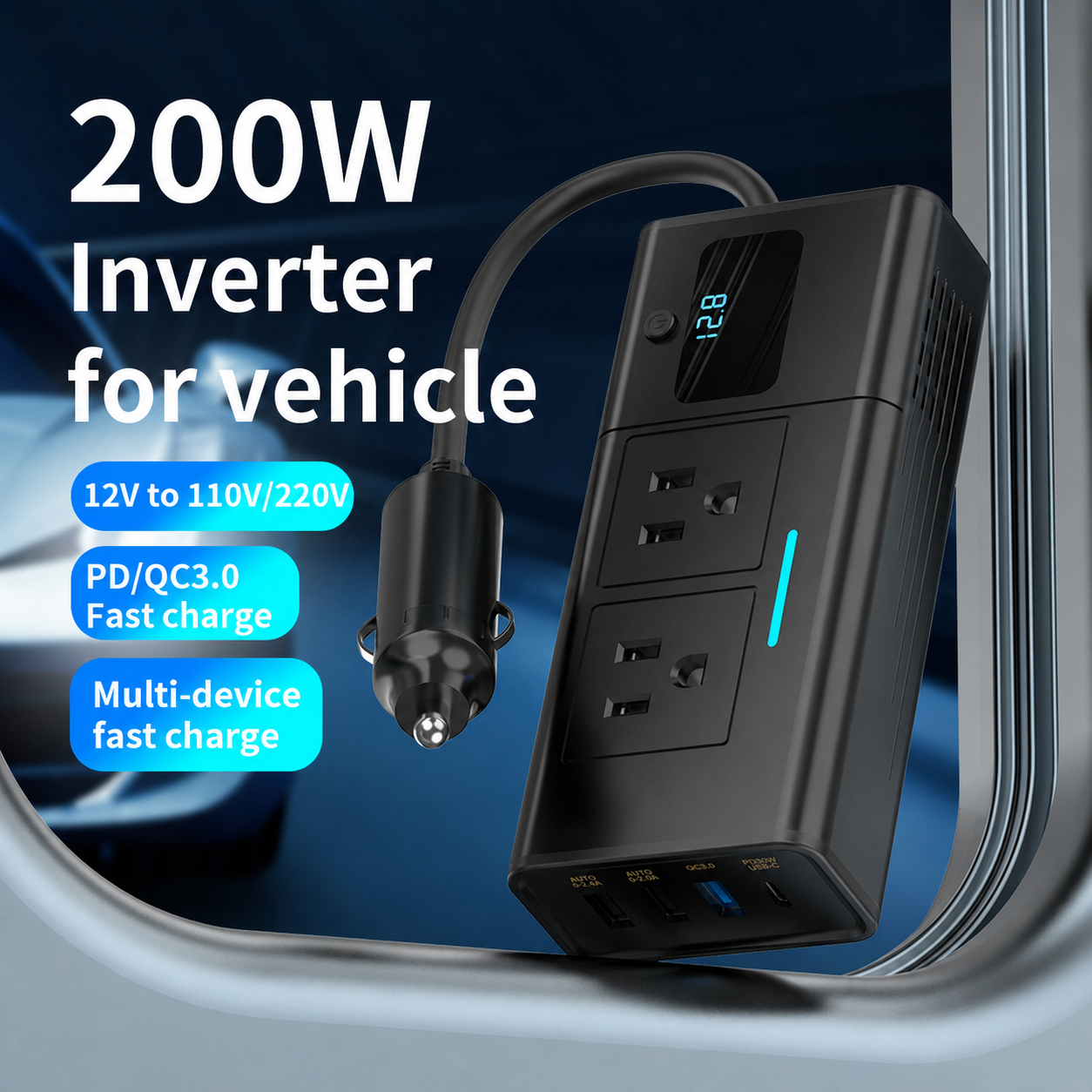 200W Car Power Inverter for Tesla, 12V DC to 110V AC Converter with PD 3.0 Fast Charging