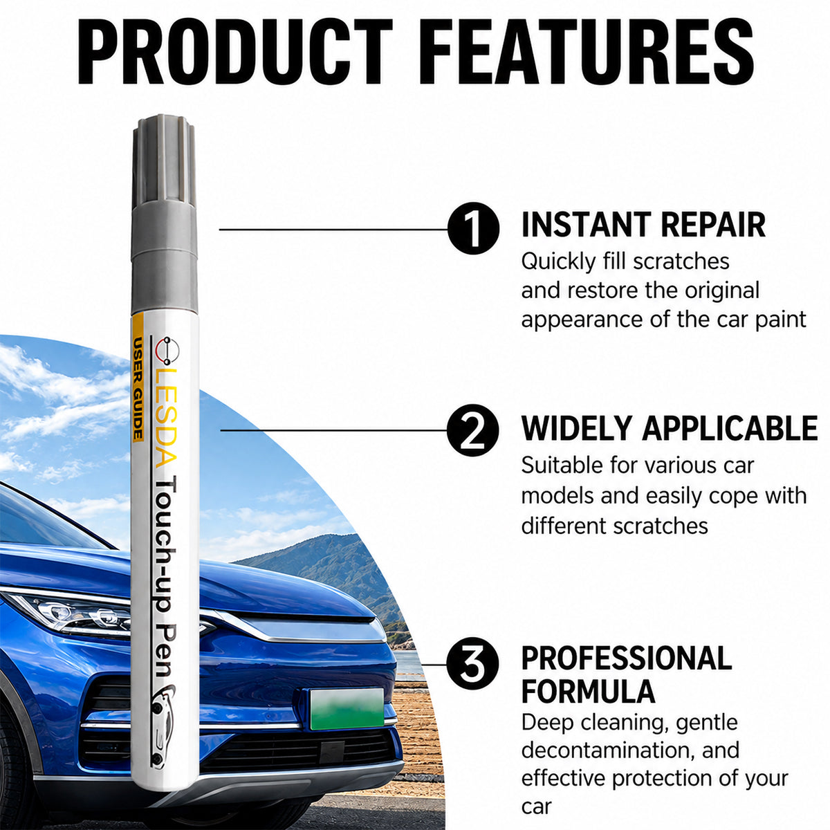 Car touch-up pen with features listed on a white background