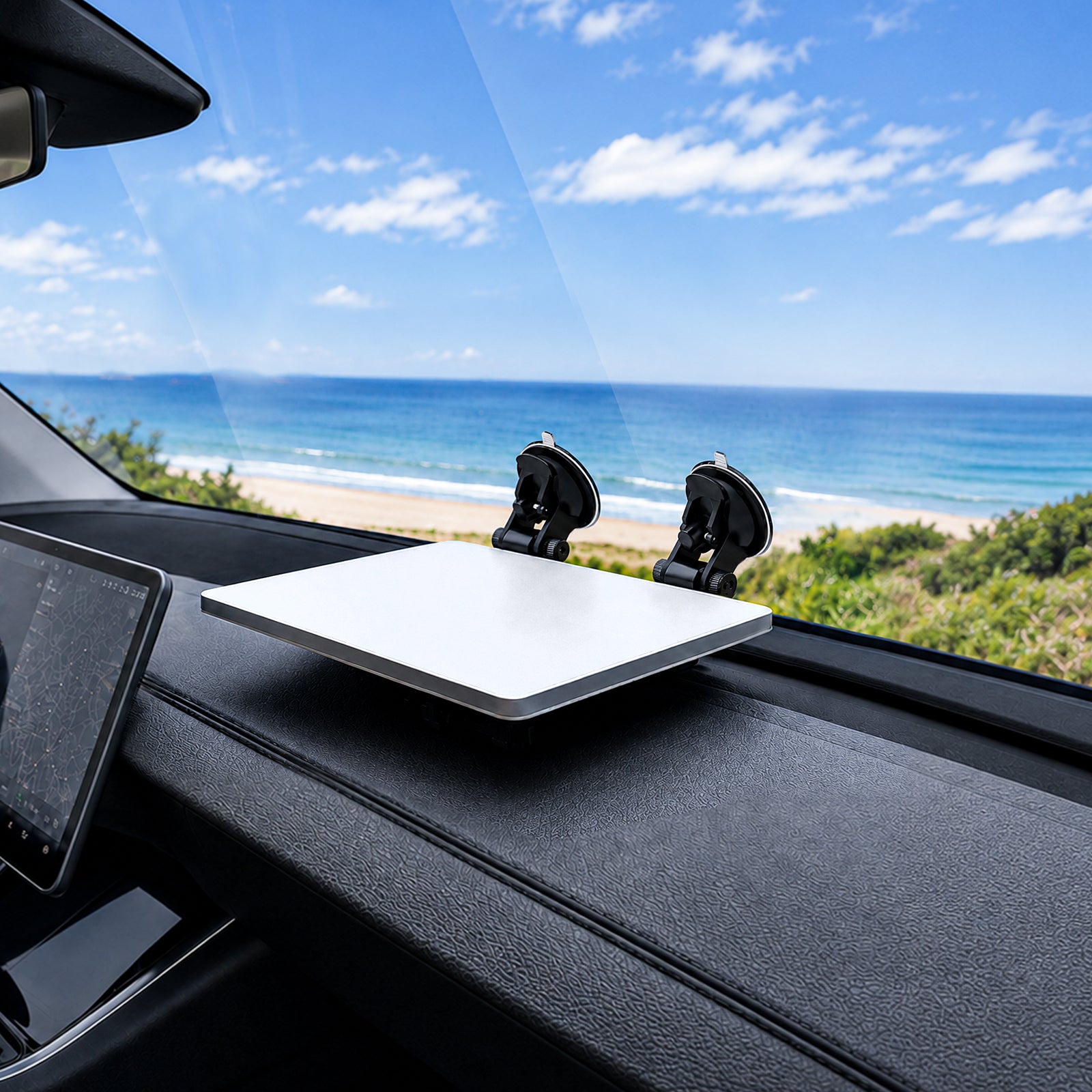 Starlink Mini low-profile windshield mount installed on a car dashboard near the front glass