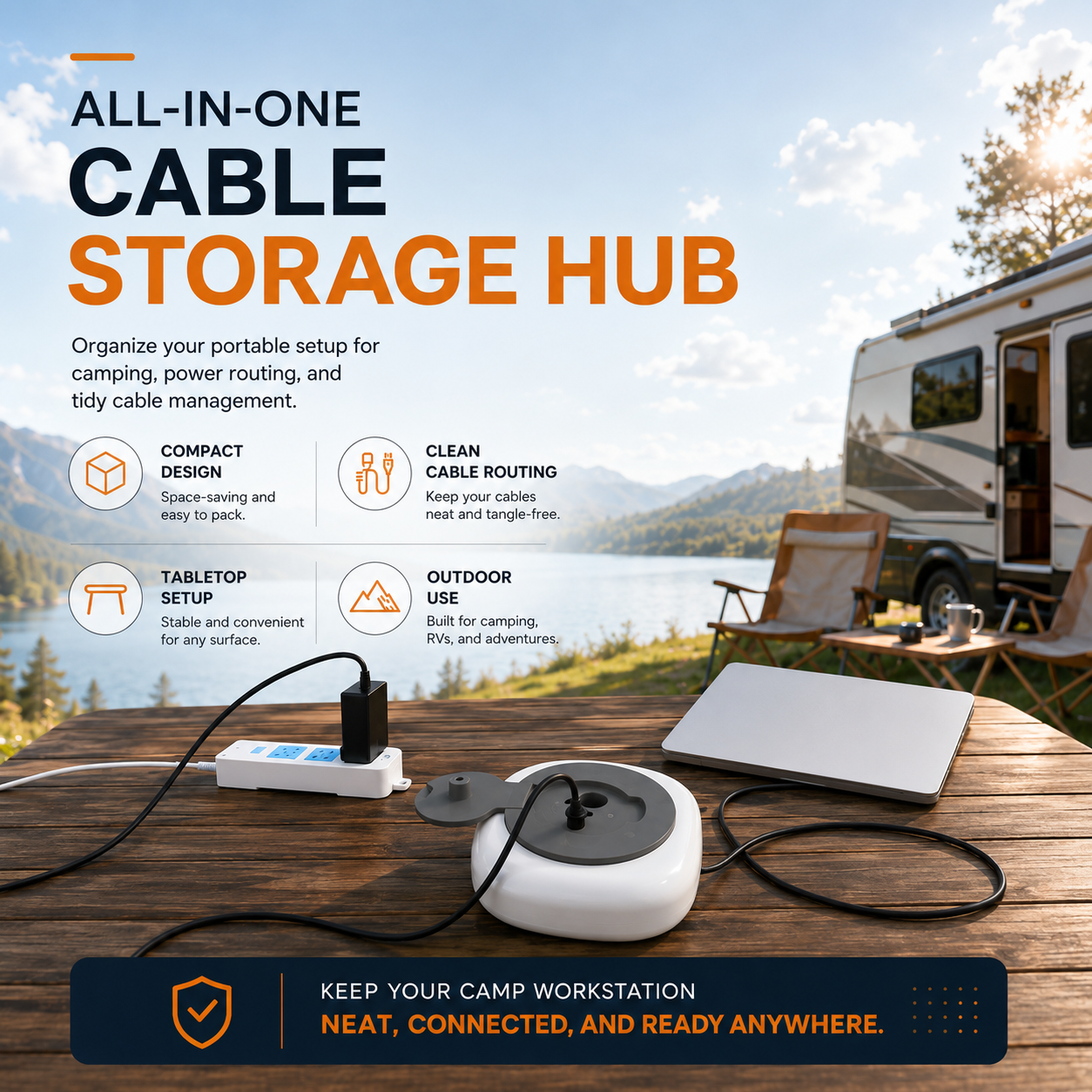 Starlink Mini all-in-one cable storage hub for camping power routing and tidy tabletop setup