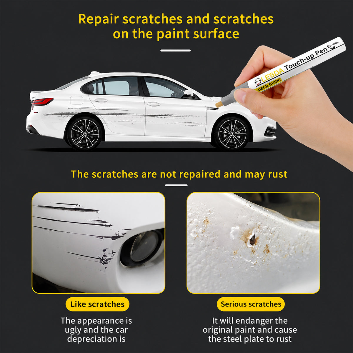 Car touch-up pen being used on a white car with text about repairing scratches.