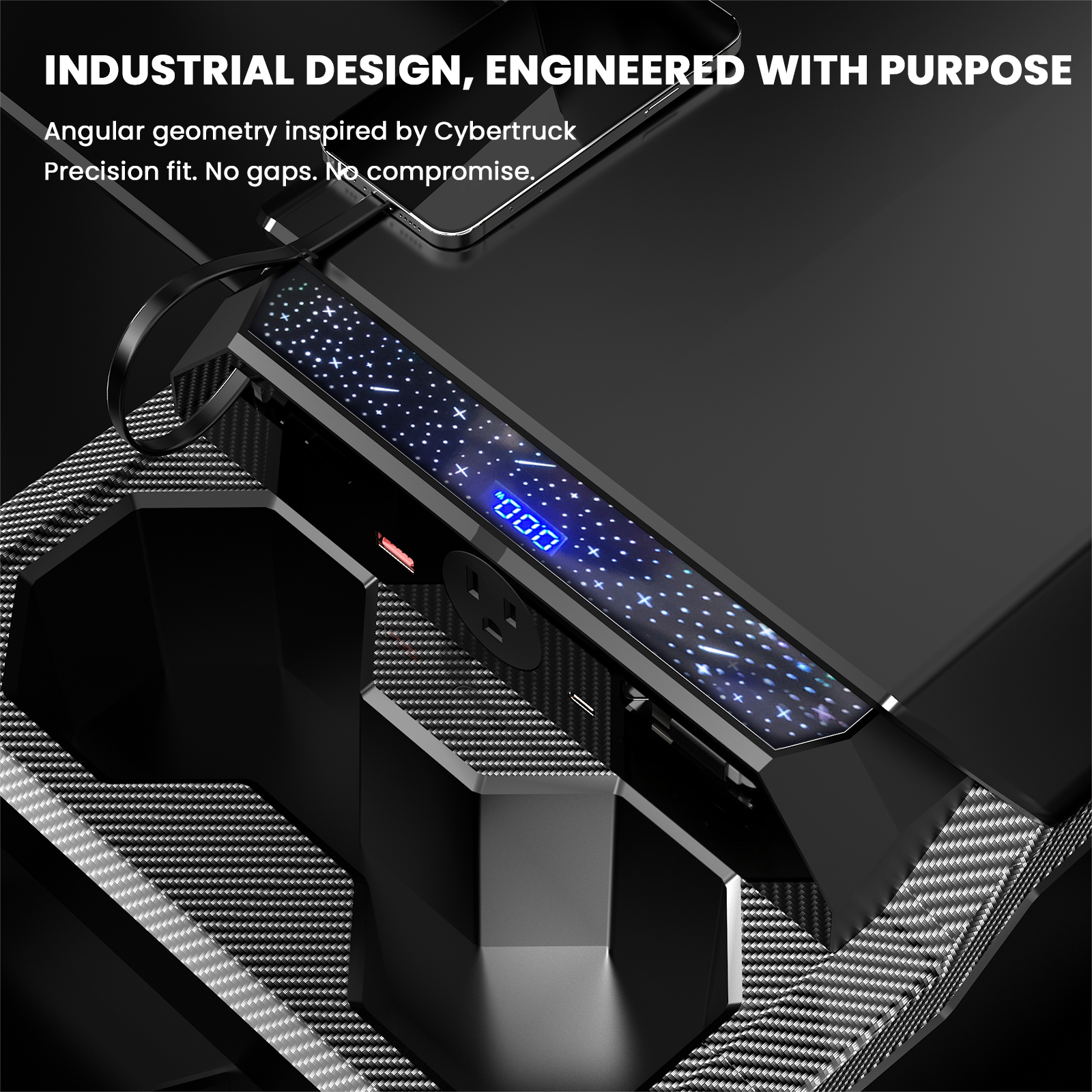 Center console USB Charger Hub 2.0 for Tesla Cybetruck with 110V AC Outlet & Retractable Cables - Seamless Integration, 30W PD/QC3.0 Fast Phone Charge