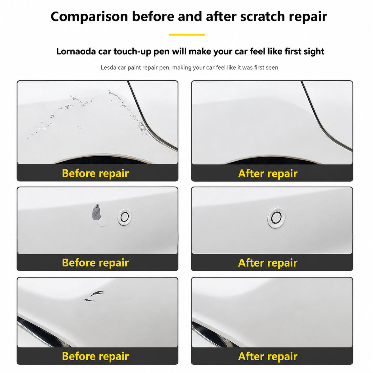 Before and after comparison of car scratch repair using Lornaoda car touch-up pen.