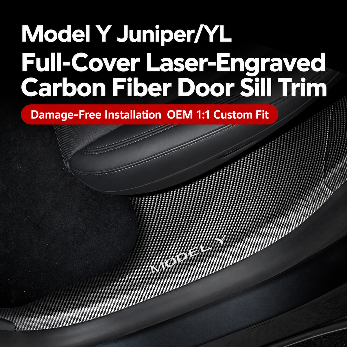 8-Piece Carbon Fiber Pattern ABS Door Sill Protector Set for Tesla Model Y Juniper / Model Y L, Laser-Engraved with C-Pillar Covers