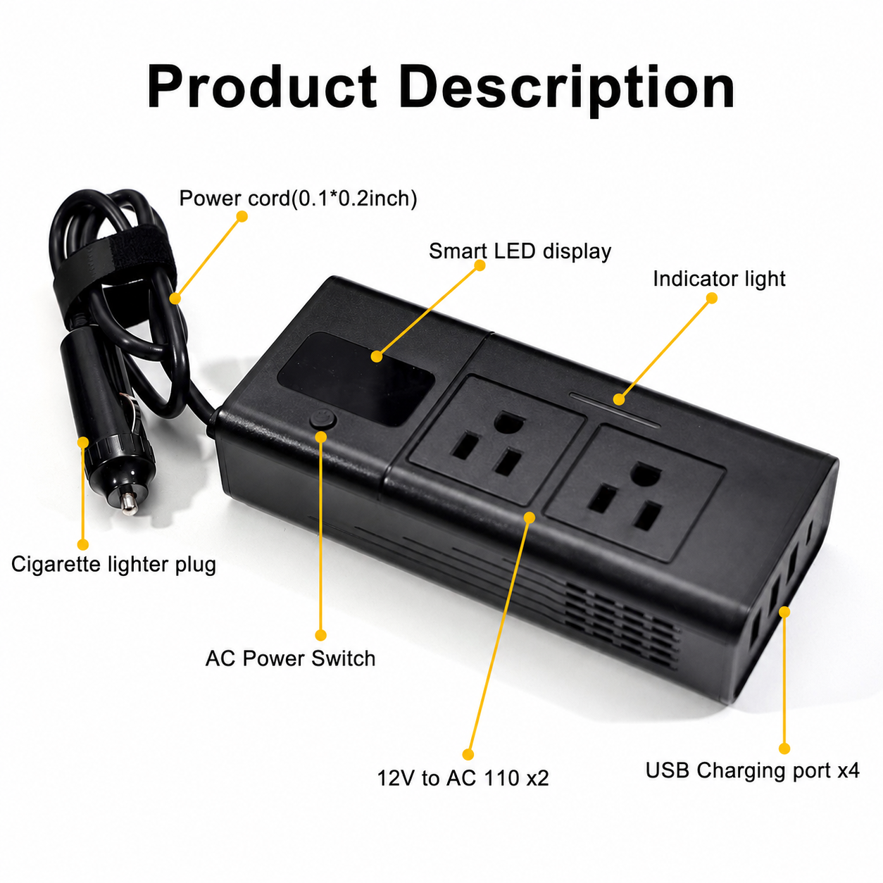 200W Car Power Inverter for Tesla, 12V DC to 110V AC Converter with PD 3.0 Fast Charging
