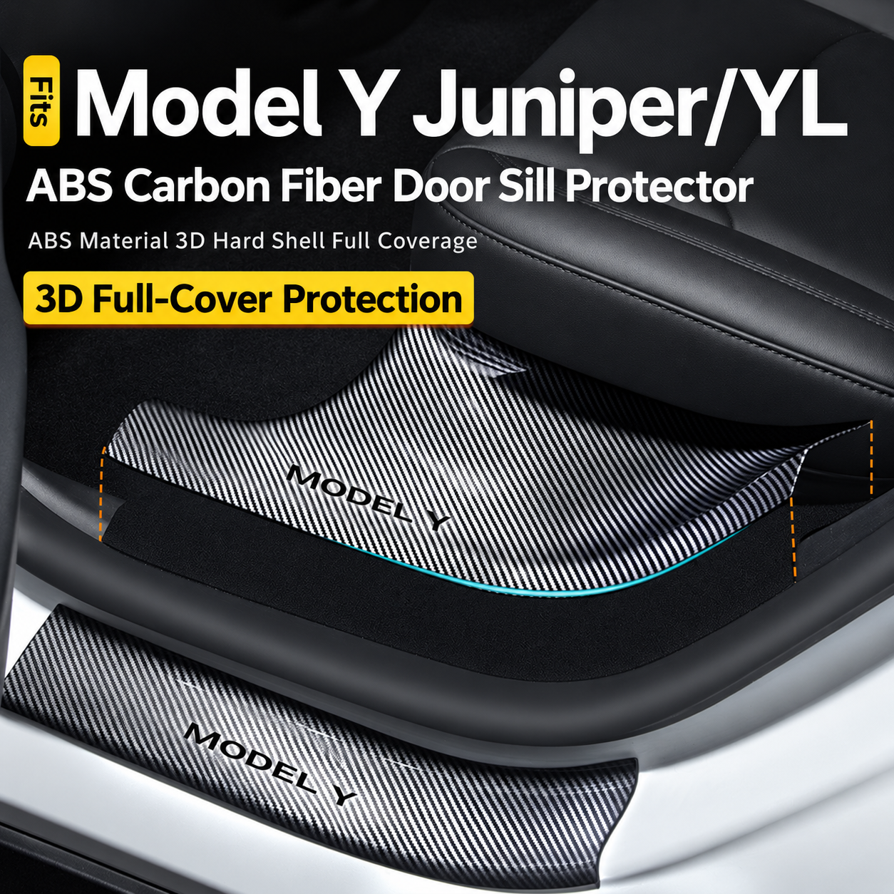 8-Piece Carbon Fiber Pattern ABS Door Sill Protector Set for Tesla Model Y Juniper / Model Y L, Laser-Engraved with C-Pillar Covers