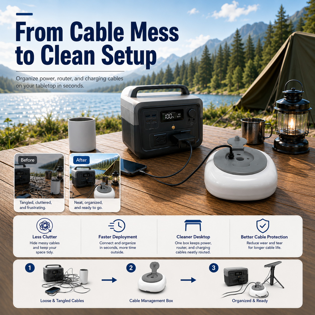 Cable storage hub turns messy outdoor power cables into a clean organized Starlink Mini setup