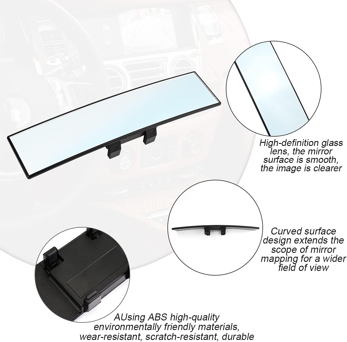 12 Inch HD Car Rearview Mirrors, Shock Resistant Interior Clip-on Panoramic Rear View Mirror for Cars/SUVs/Trucks/Vehicles