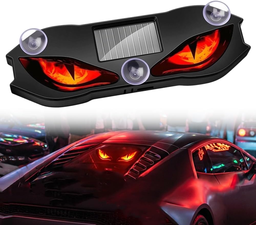 Solar and USB rechargeable LED eye car window light with red glow and suction cup mount