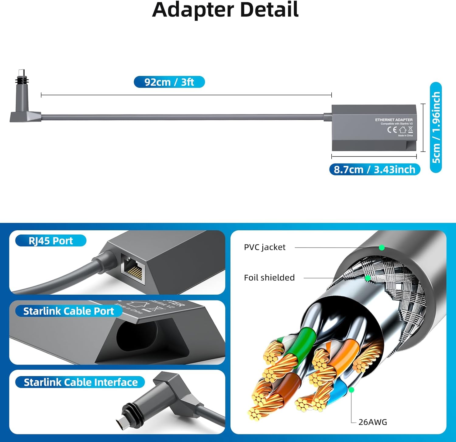 Starlink Ethernet Adapter for Rectangular Satellite Internet V2/Gen 2