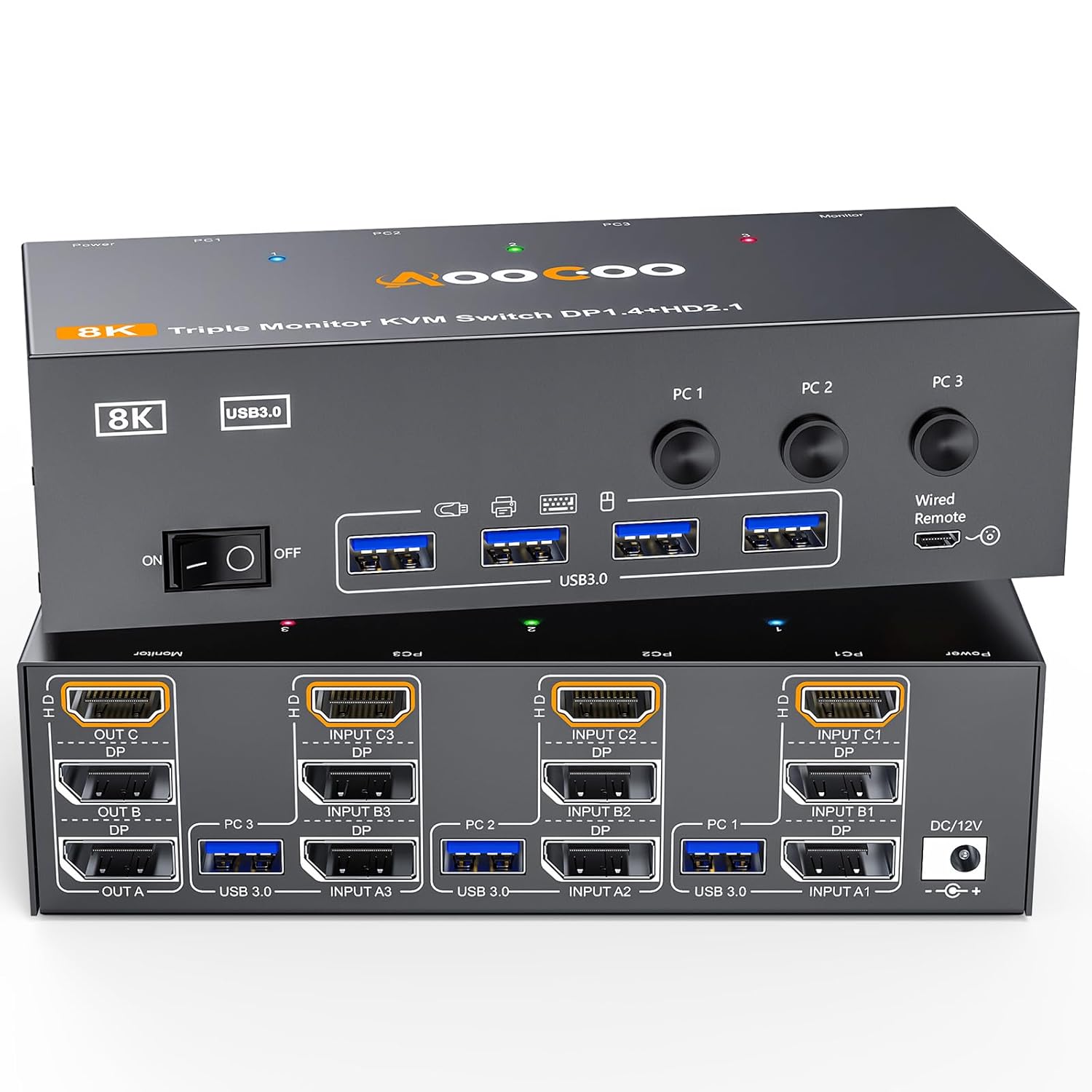 8K@60Hz HDMI 2.1 Triple Monitor KVM Switch — 3 Computers 3 Displays, 4K@144Hz Support, USB 3.0 Hub, Wired Remote, Power Adapter & USB 3.0 Cables Included