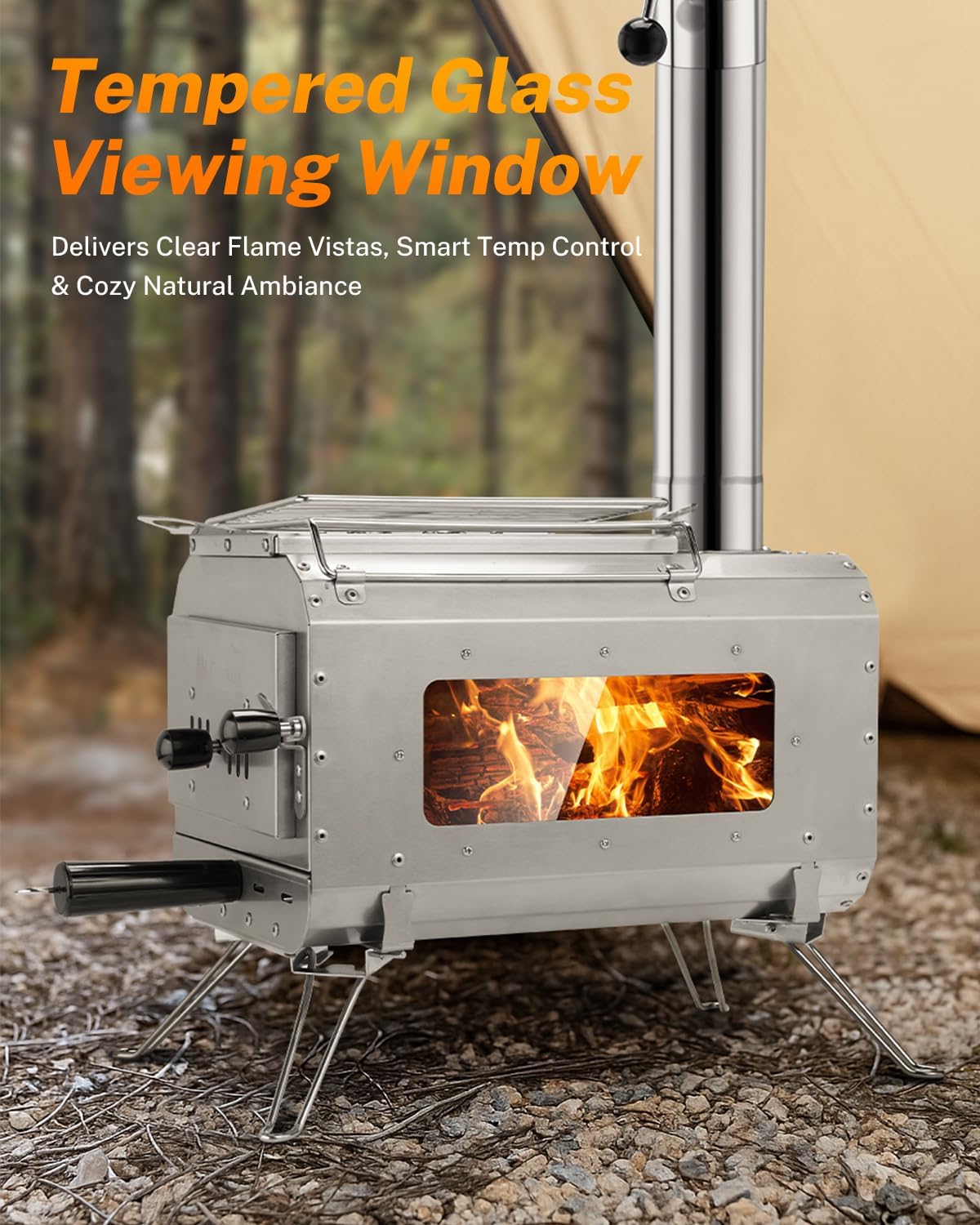 Portable Wood Burning Camping Stove with Ash Drawer & Large Firebox for Tent, Outdoor, Heating, Cooking, Ice Fishing