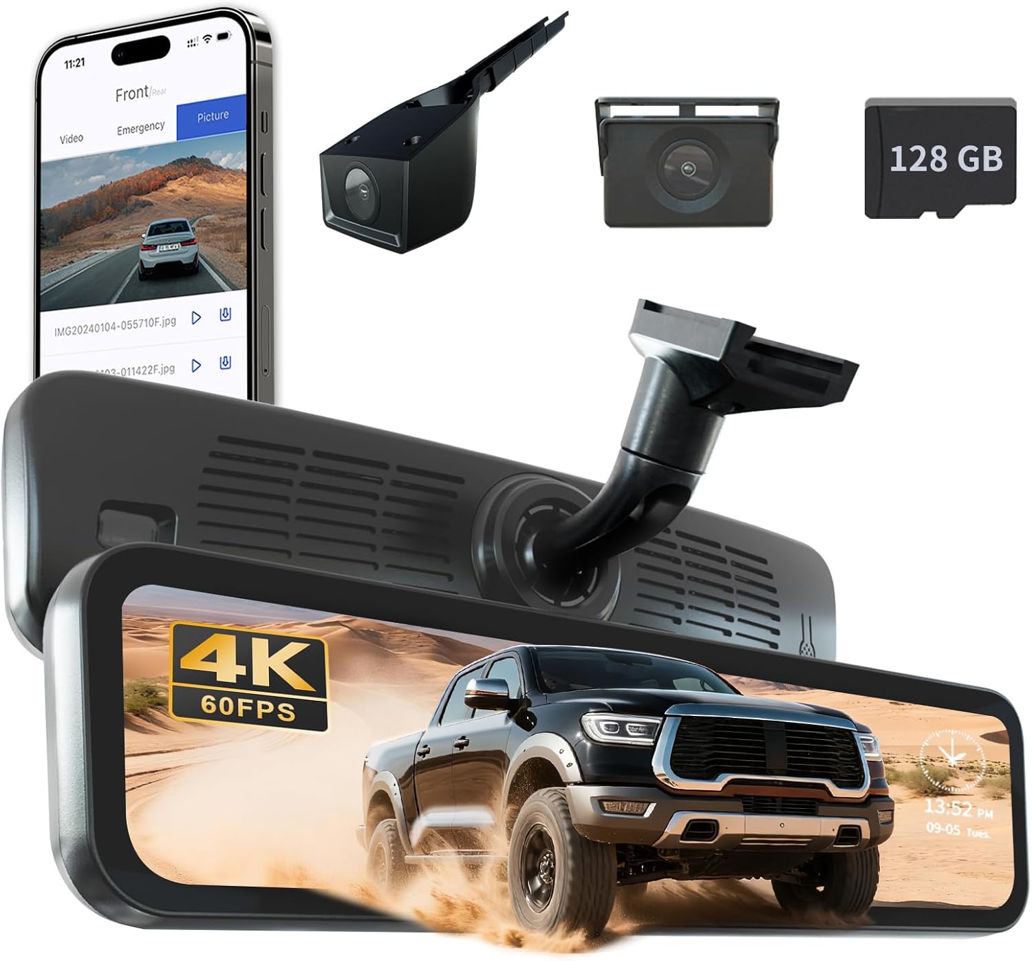8.2 Inch OEM Rear View Mirror Camera, Dash Cam, Detached Front Lens, 2K, IPS Screen, Night Vision, Parking Monitor, 32GB SD, for Trucks, Vans, SUVs