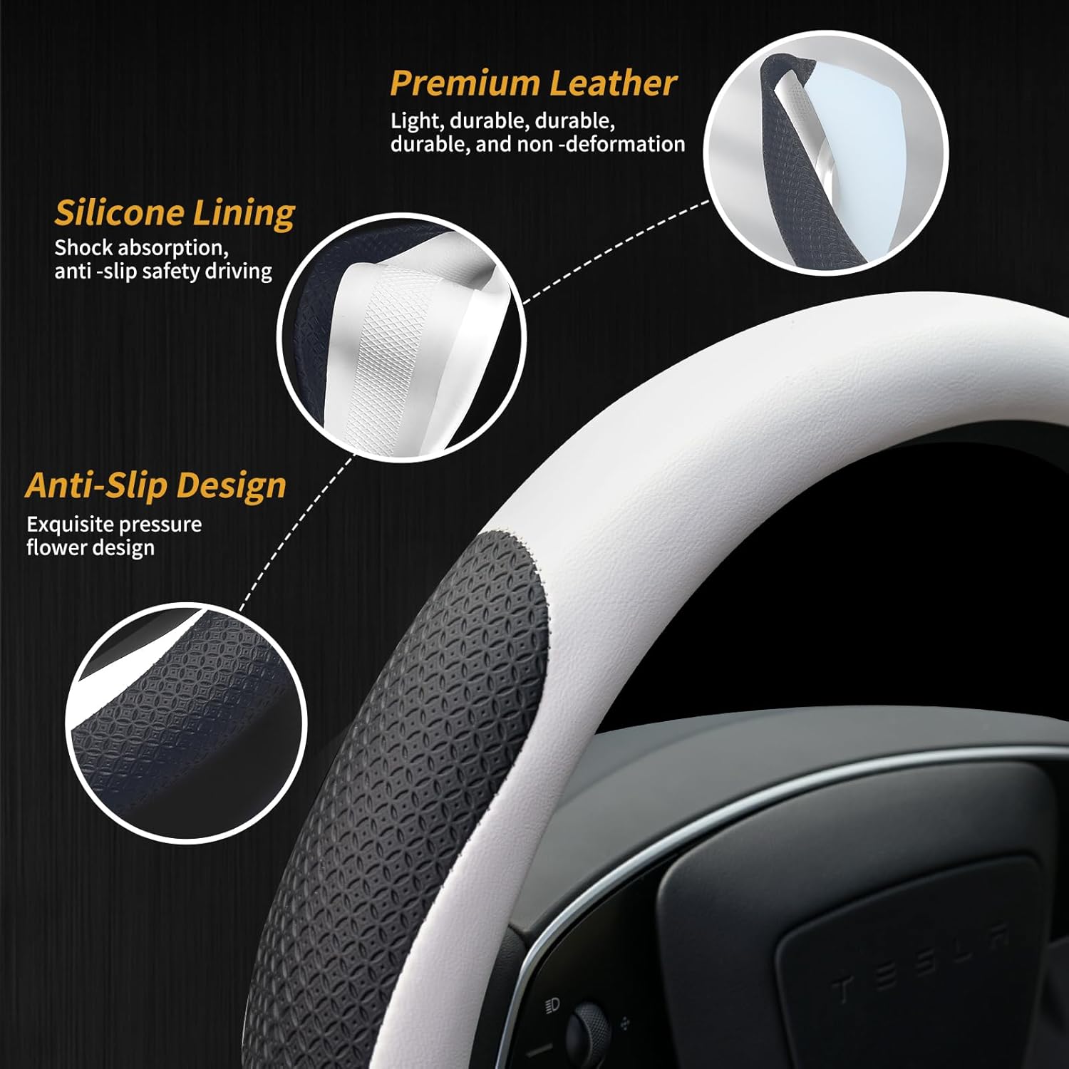 Tesstudio 2026 Non-Slip Breathable Nappa Leather Steering Wheel Protector Cover for Tesla Model 3/Y