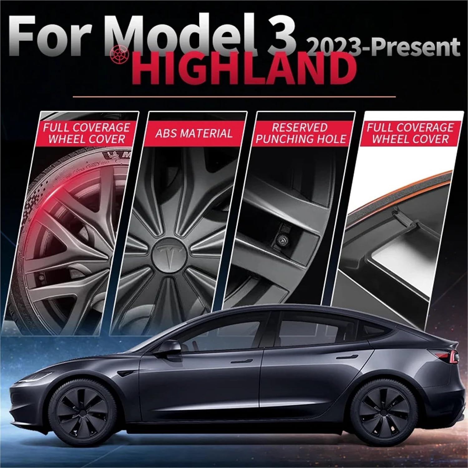 Model 3 Highland 18-Inch Spiderweb-Style Aero Wheel Covers, Matte Black (2024-2026)