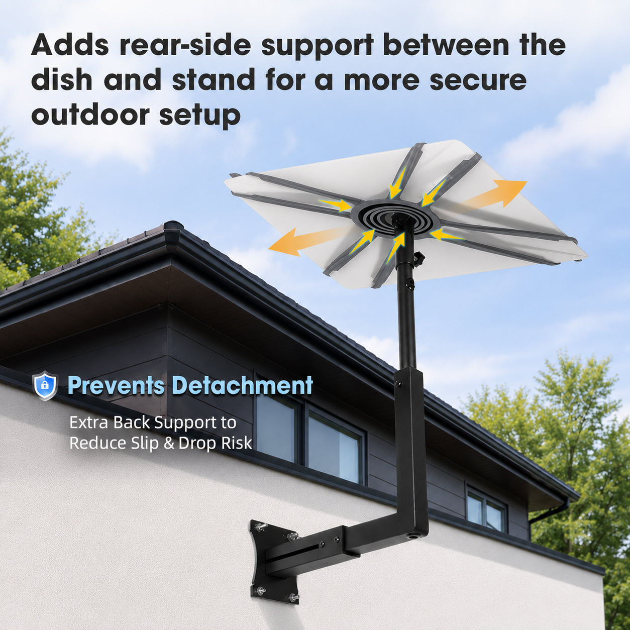 Gray silicone securing strap adds rear support between Starlink dish and stand to reduce slip and drop risk outdoors