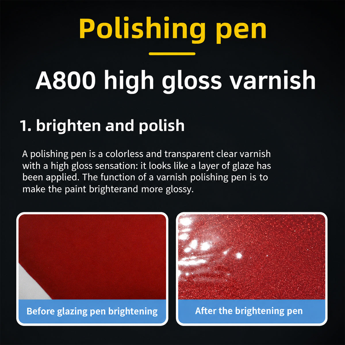 Polishing pen A800 high gloss varnish advertisement with before and after images on a black background.