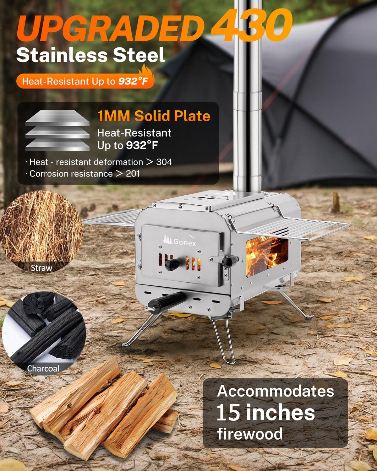 Portable Wood Burning Camping Stove with Ash Drawer & Large Firebox for Tent, Outdoor, Heating, Cooking, Ice Fishing