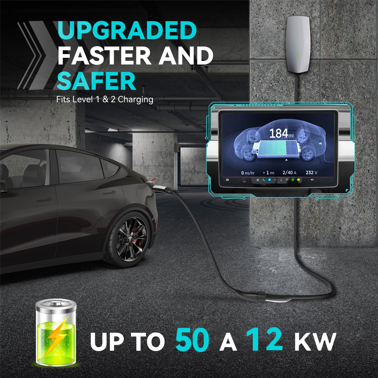 2026 Tesla Extension Cord 21ft, High Power Max AC 50A 12KW Charging Cord with NACS Plug for Model 3/Y/S/X/Cybertruck