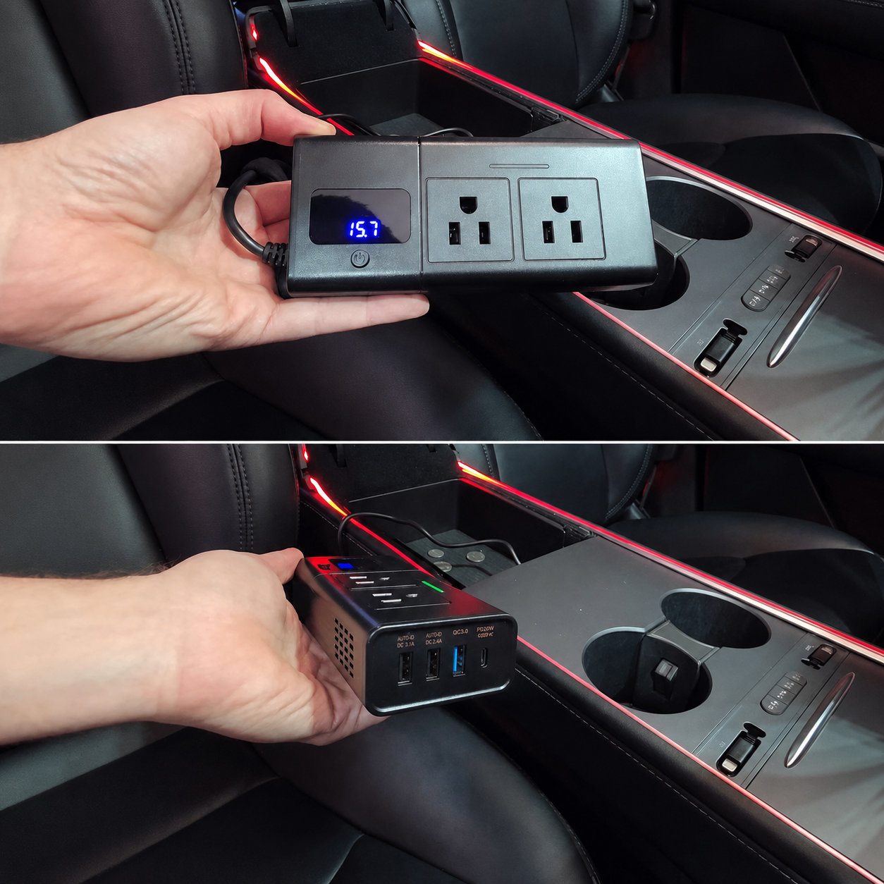 200W Car Power Inverter for Tesla, 12V DC to 110V AC Converter with PD 3.0 Fast Charging