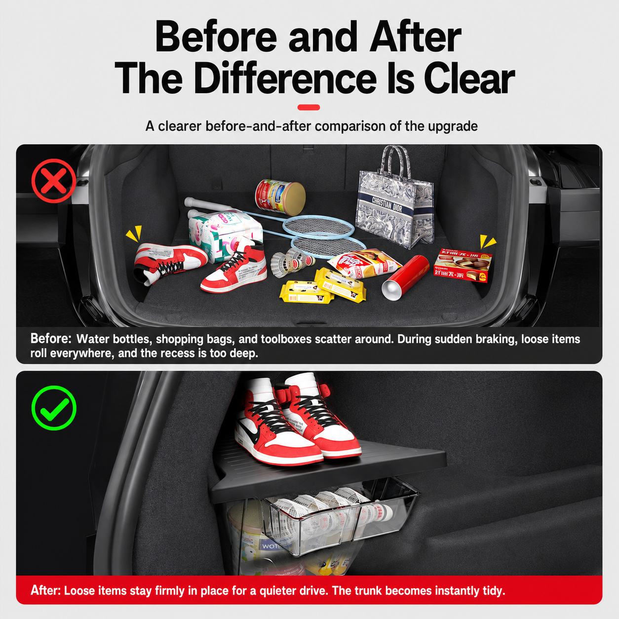 Trunk Storage Bin with Side Pocket and Pull Handle for Model Y L 2025.11+