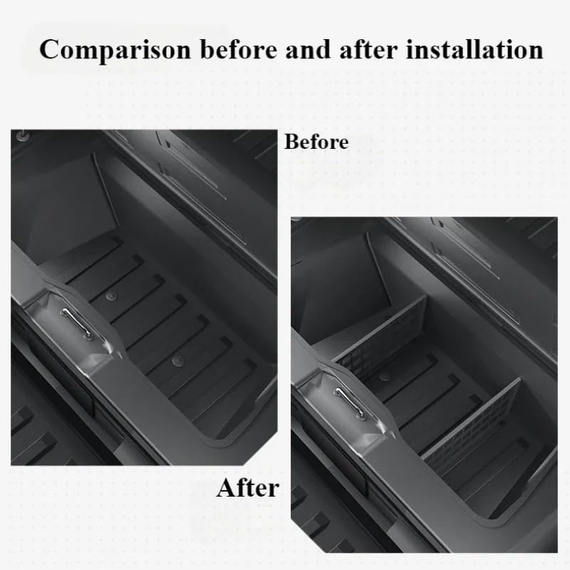 Before and after comparison of Cybertruck under-bed vault with storage divider panels installed