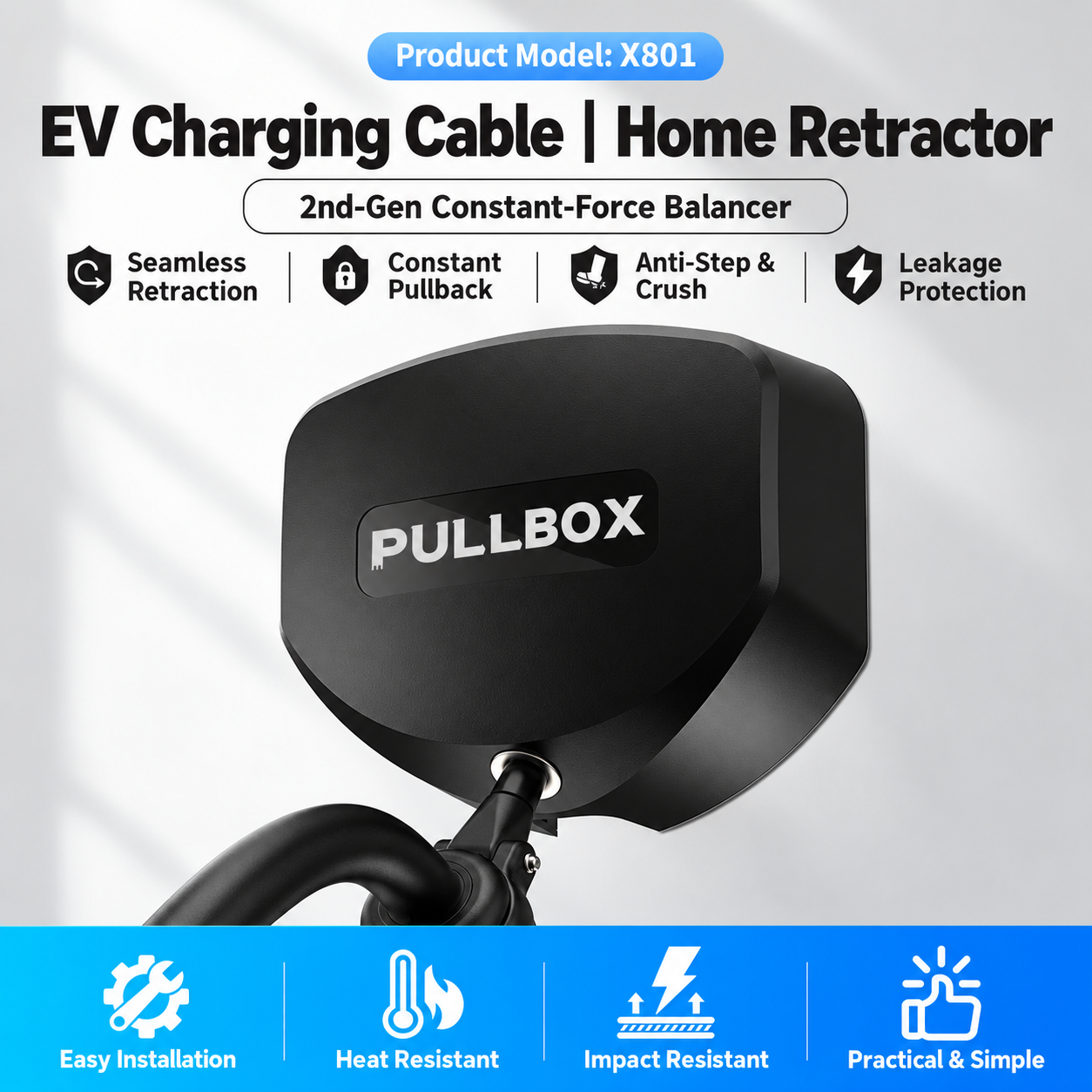 EV Charger Cable Retractor for AC Charging Stations, 3.5m Cable, 3kg Pull Force, Self-Locking