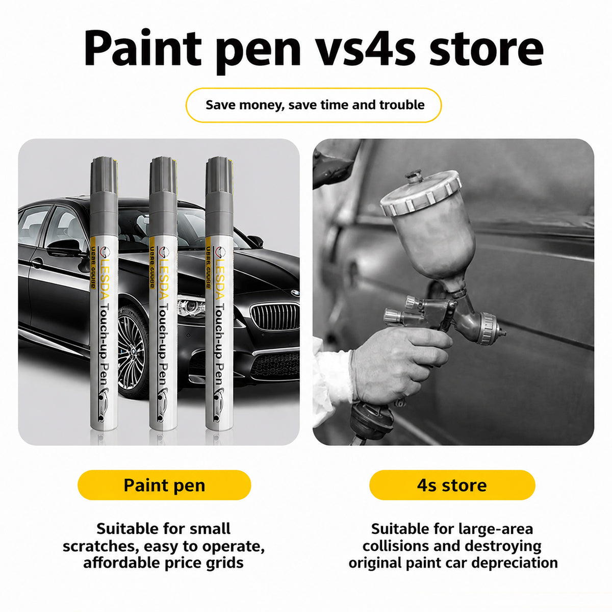 Comparison of a paint pen and a 4s store repair tool for car maintenance.